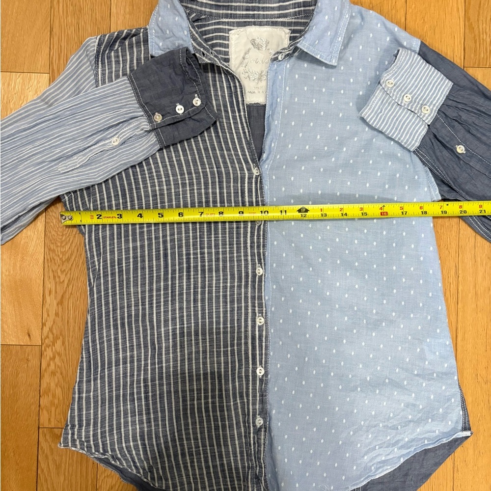 Cino Mixed Media Patchwork Button Down Shirt Blue… - image 8